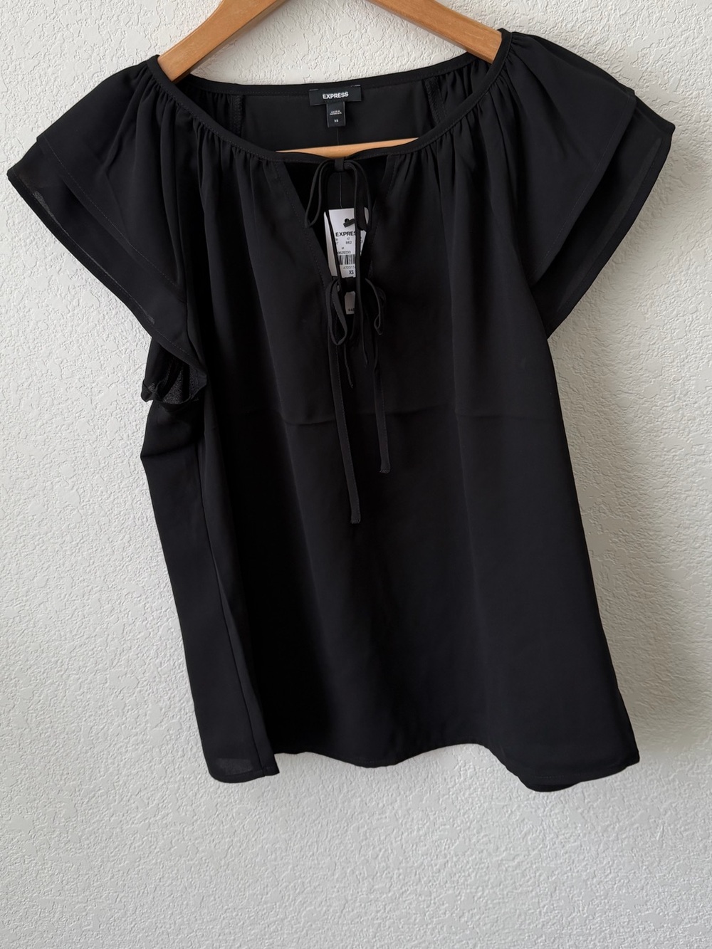 New Express Black Tie-Neck Ruffle Sleeve Blouse